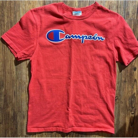 Vintage Women’s Champion "Campeon" Spanish Logo Raised Appliqué T-Shirt RED - Picture 1 of 8